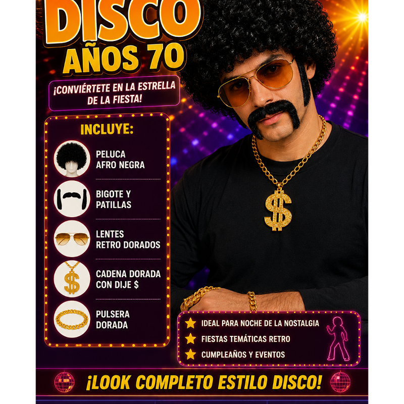 Kit Disco 70s Peluca Afro Bigote Lentes Cadena Dorada Noche De La Nostalgia