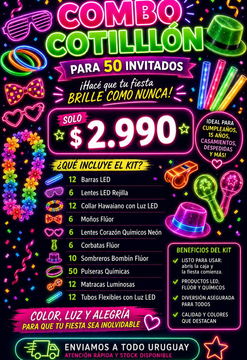 Combo Luminoso Led Flúor 50 Personas