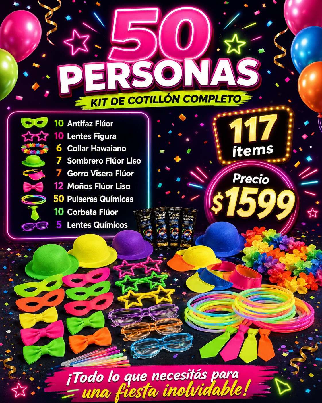 Kit de Cotillón para 50 Personas – 117 Ítems