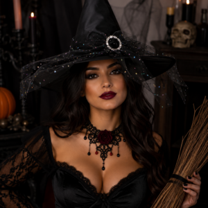 Set Bruja Halloween Sombrero + Collar Adulto Negro O Rojo