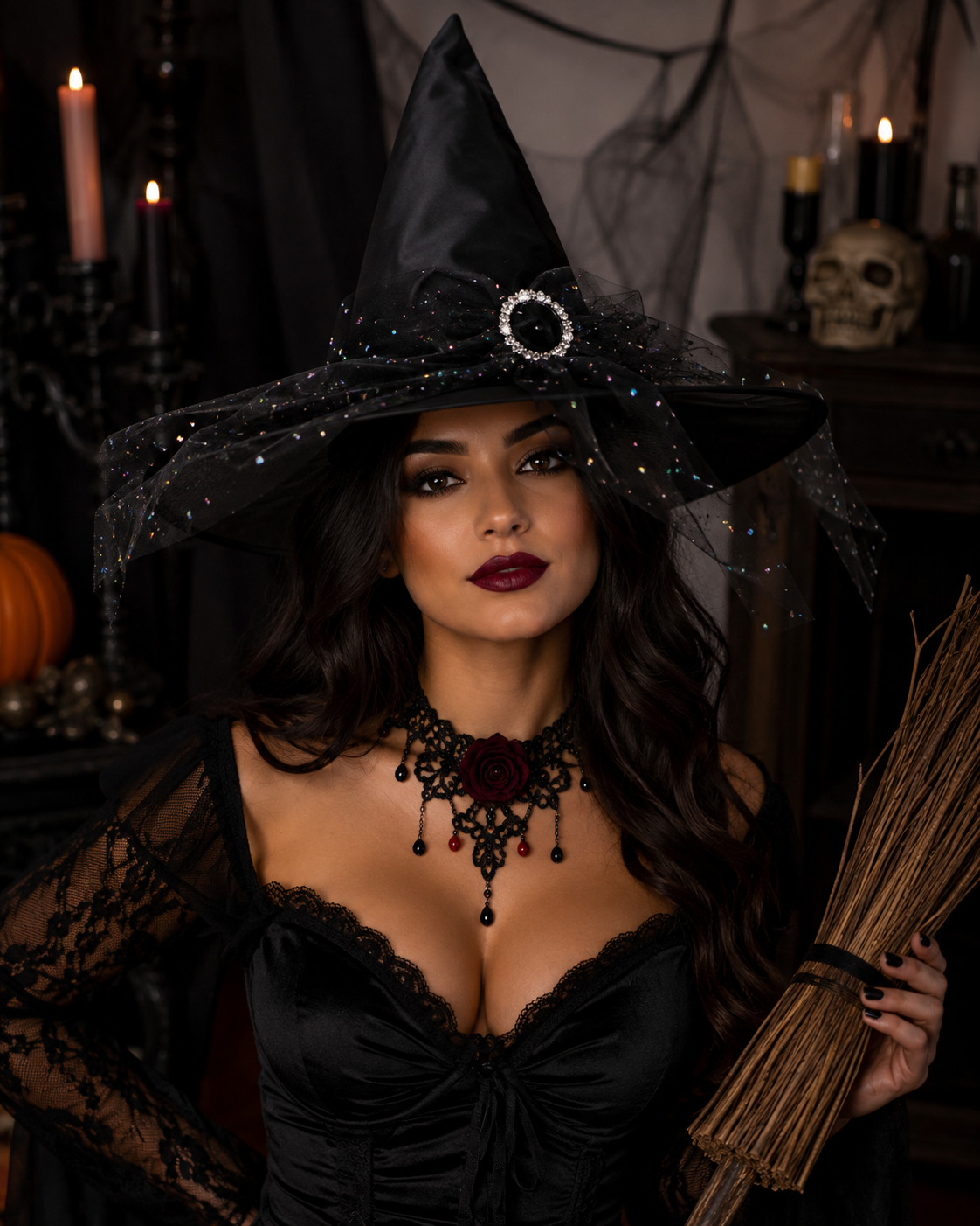 Set Bruja Halloween Sombrero + Collar Adulto Negro O Rojo