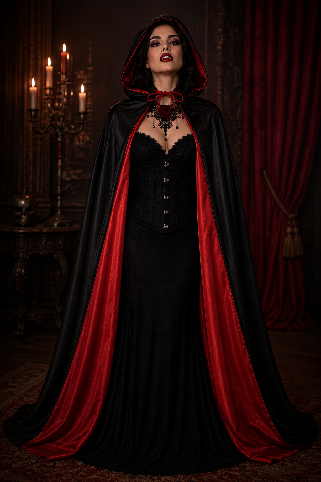 Set Vampira Halloween Capa + Collar + Accesorios