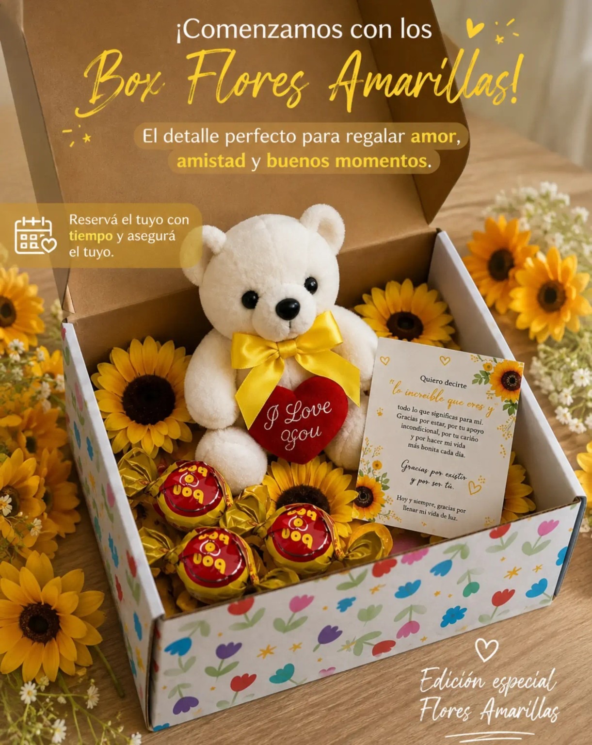 Box Flores Amarillas con Peluche y Chocolates