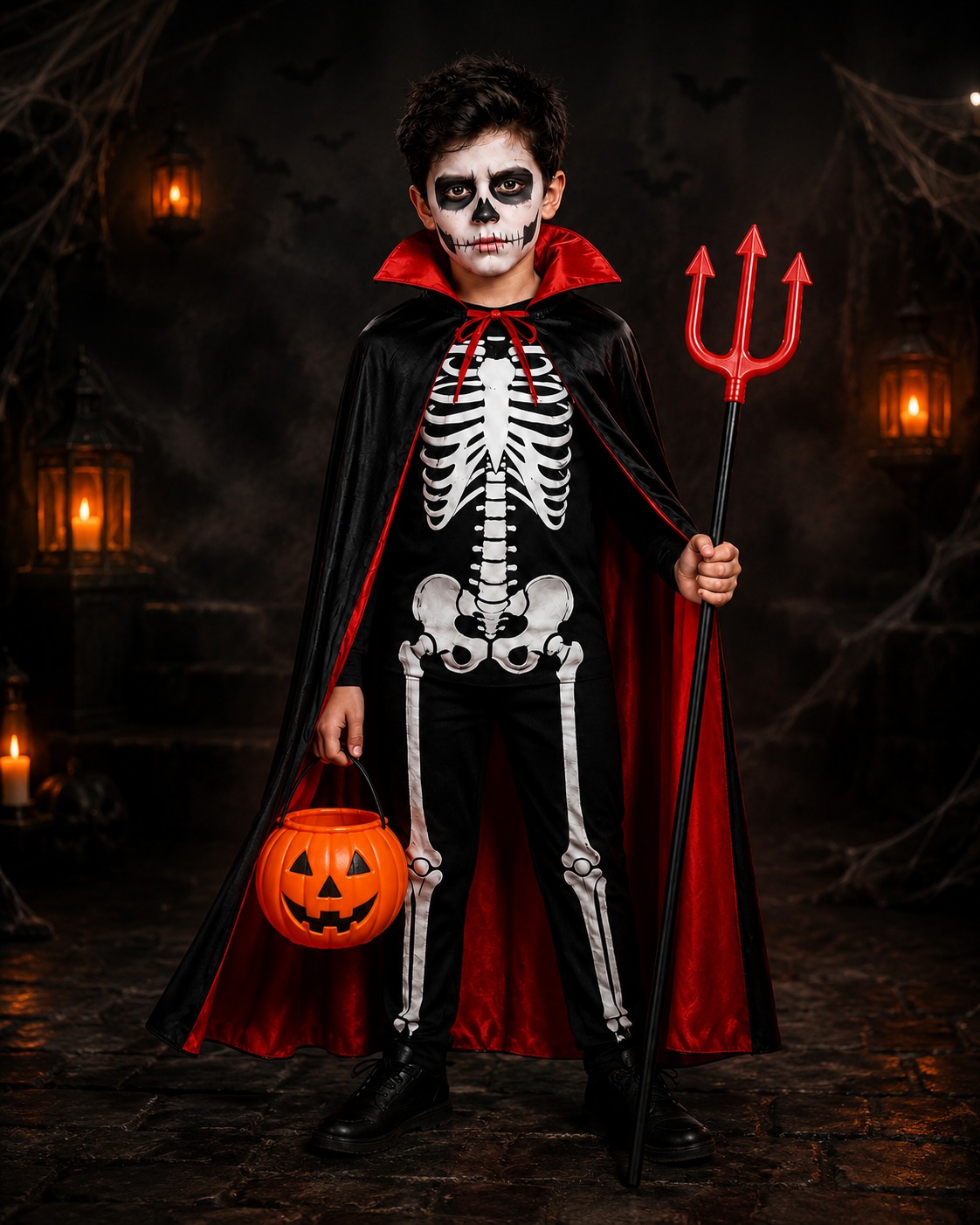 Disfraz Esqueleto Infantil Halloween + Capa + Tridente + Calabaza