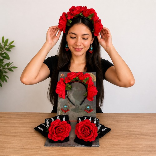 Set Catrina Vincha Flores Guantes Esqueleto Y Caravanas